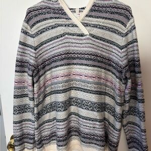 J. Jill Multicolor Aztec Print Chunky Cozy  V-Neck Sweater with Hood